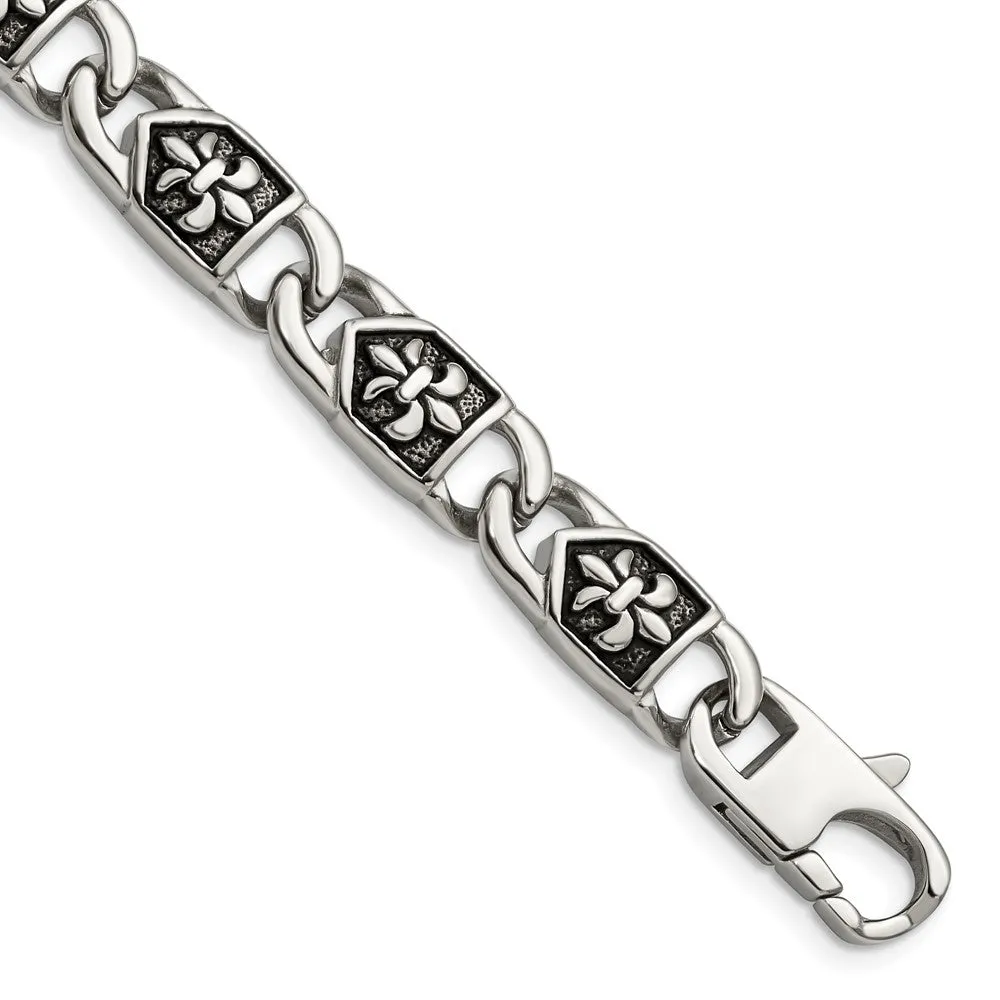 10mm Stainless Steel Antiqued Fleur de Lis Link Bracelet, 8.75 Inch