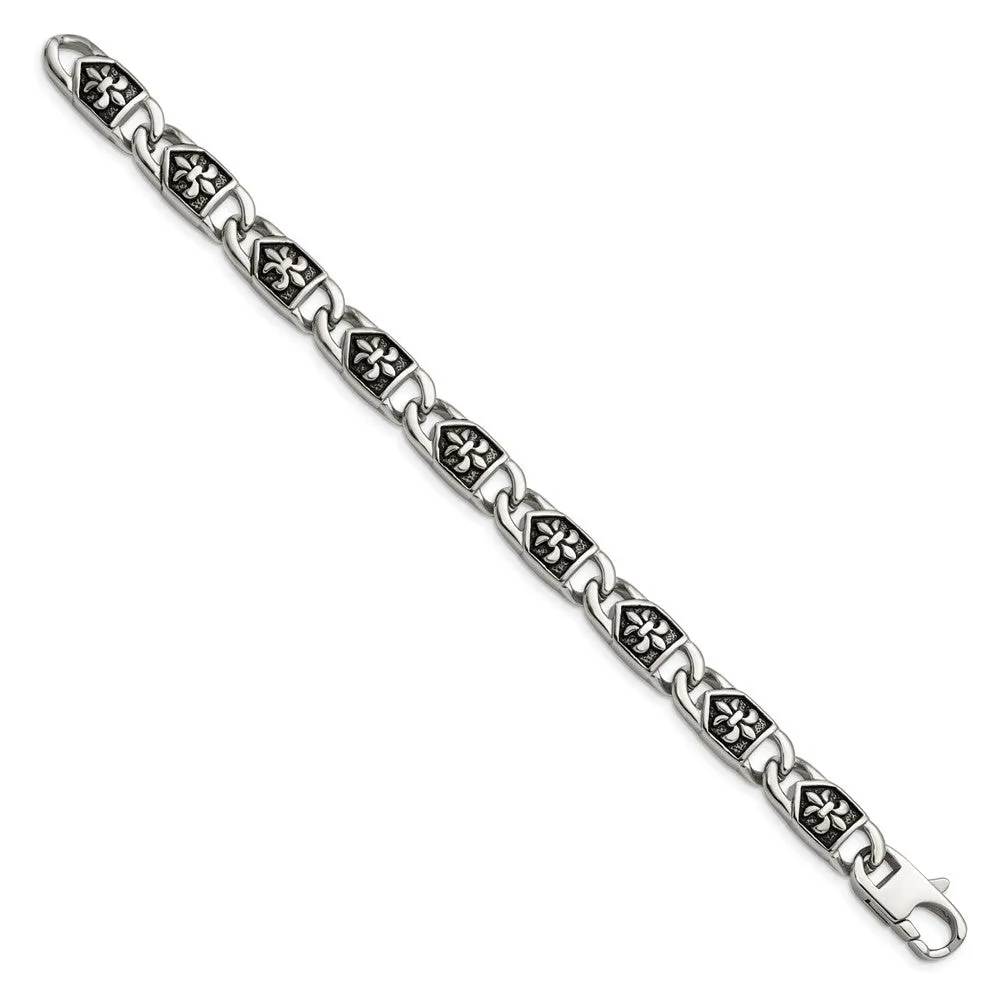 10mm Stainless Steel Antiqued Fleur de Lis Link Bracelet, 8.75 Inch