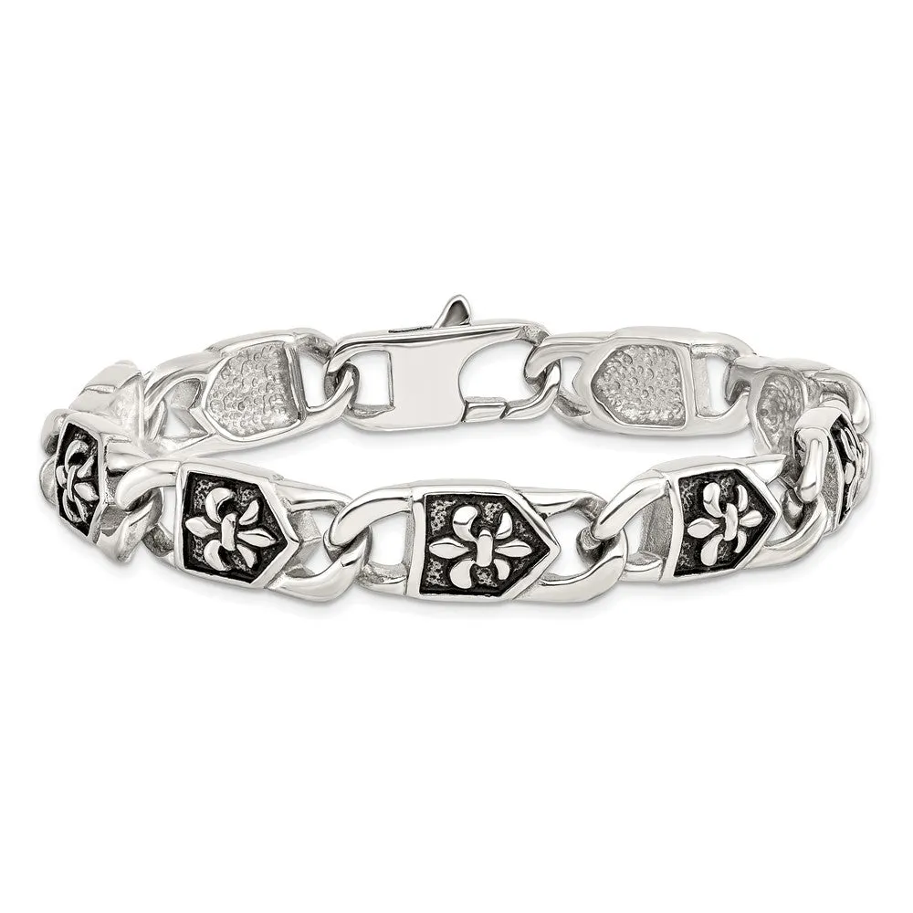 10mm Stainless Steel Antiqued Fleur de Lis Link Bracelet, 8.75 Inch