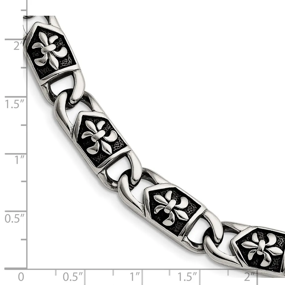 10mm Stainless Steel Antiqued Fleur de Lis Link Bracelet, 8.75 Inch