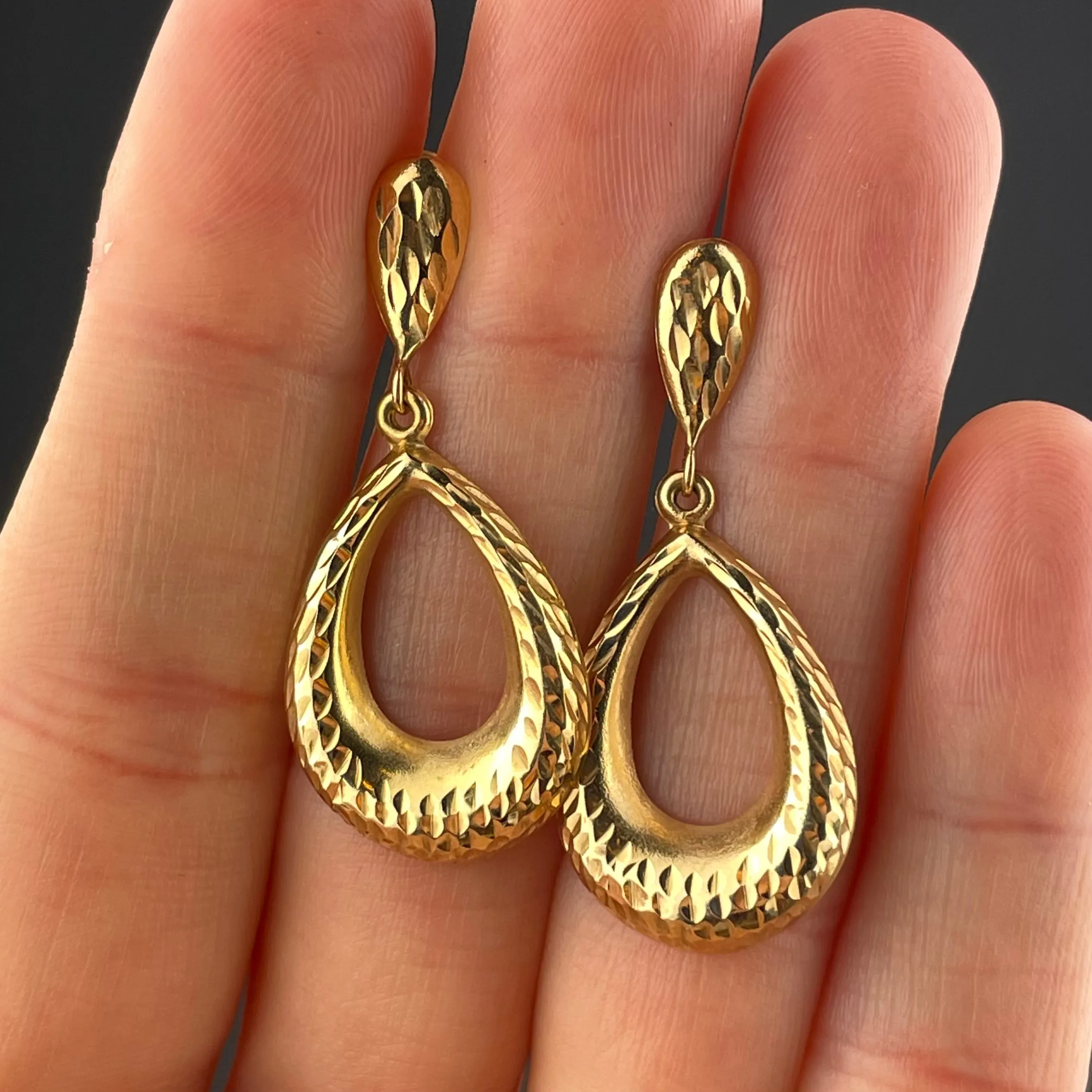 14K Diamond Etched Gold Post Hoop Earrings