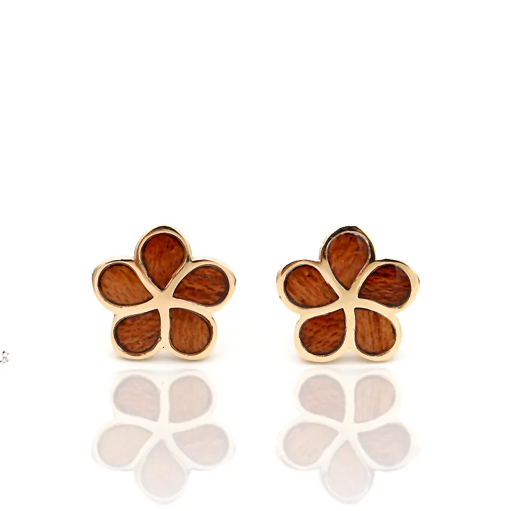 14k Gold and Koa Wood Plumeria Inlay Stud Earrings