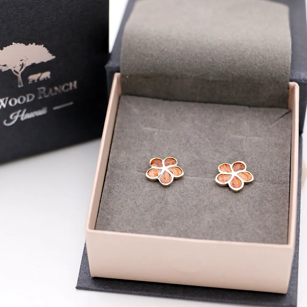 14k Gold and Koa Wood Plumeria Inlay Stud Earrings