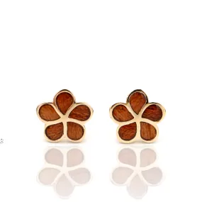 14k Gold and Koa Wood Plumeria Inlay Stud Earrings