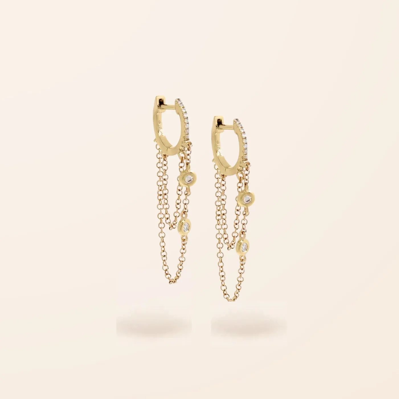 14K Gold Diamond Chain Drop Huggie Earrings