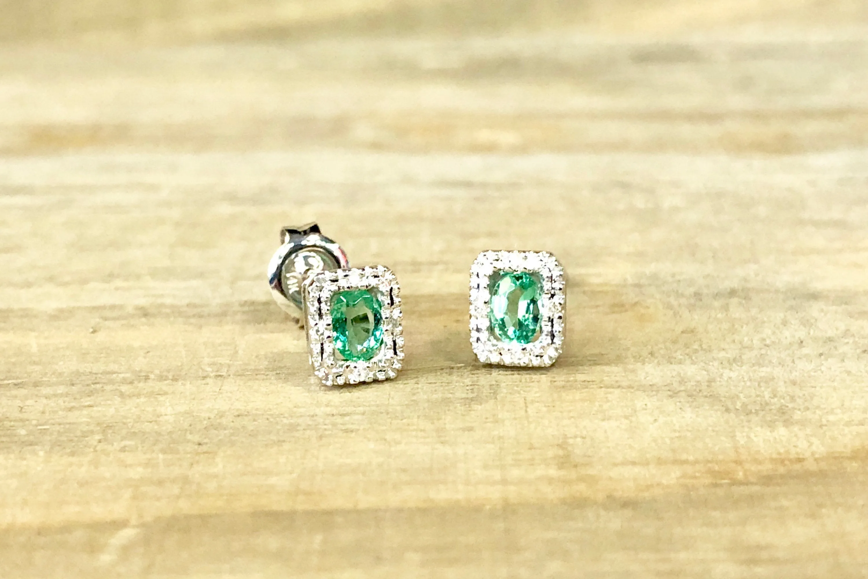 14k White Gold Diamond and Emerald Halo Earrings Rectangle