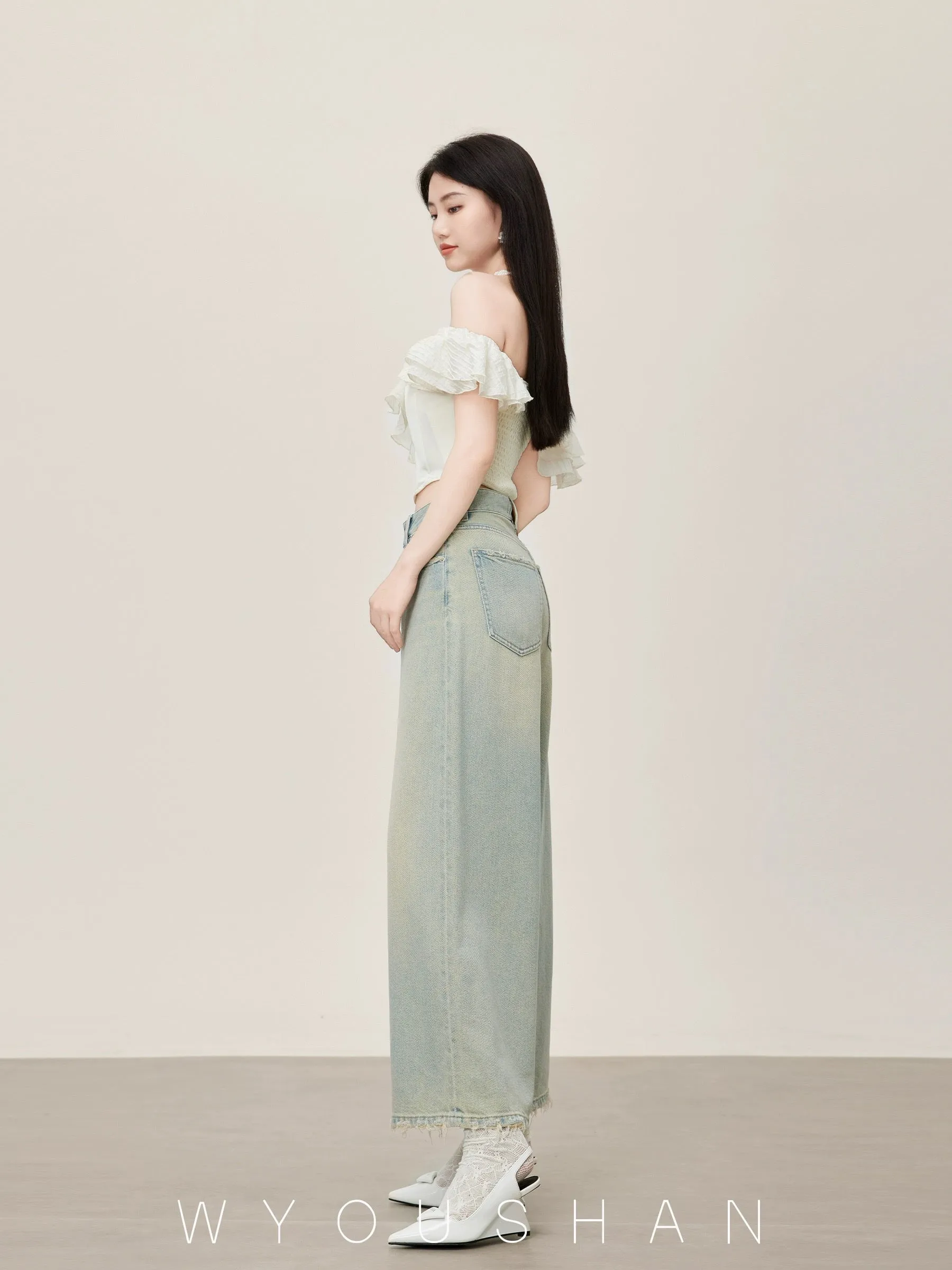 5301 Wang Youshan high waist jeans women's loose new style 2024 summer flared wide leg pants for small people