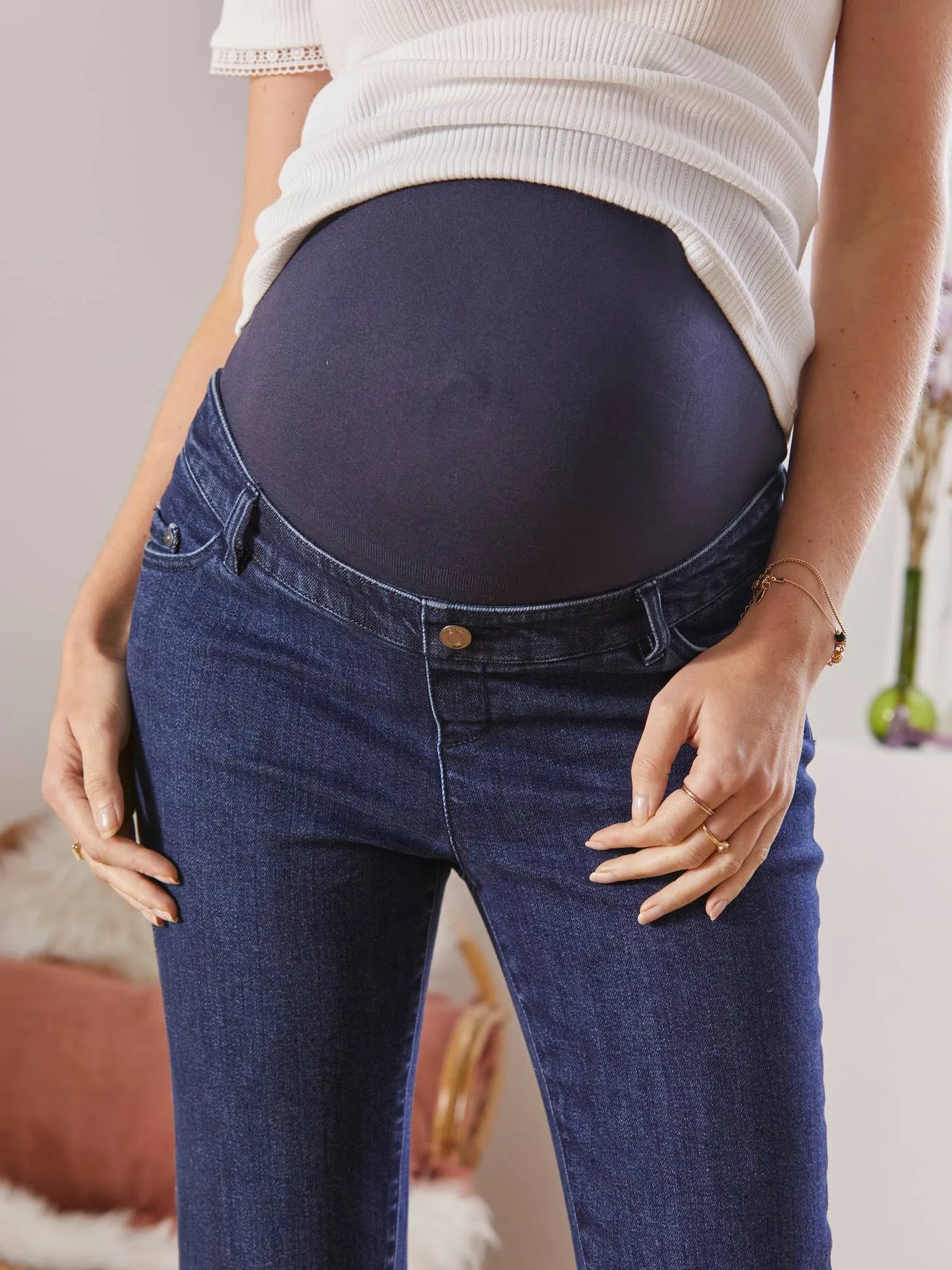 7/8 Straight Leg Jeans with Seamless Belly Band for Maternity - blue dark solid