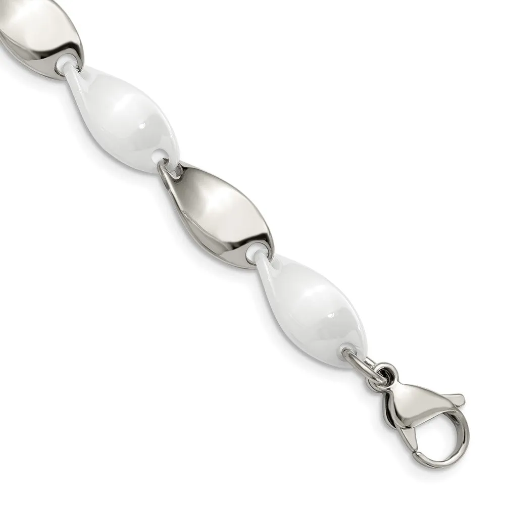 9.5mm Stainless Steel & White Ceramic Twisted Link Bracelet, 7.75 Inch