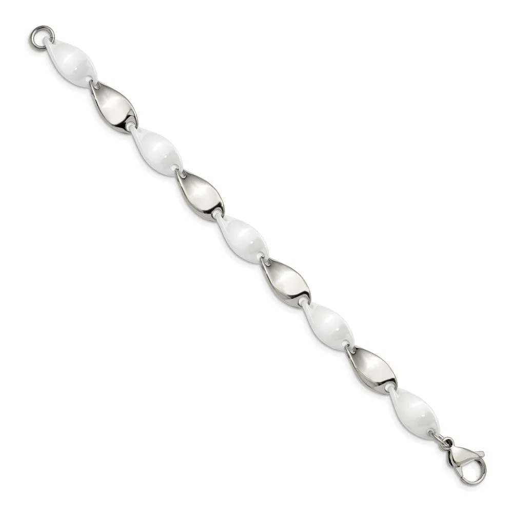 9.5mm Stainless Steel & White Ceramic Twisted Link Bracelet, 7.75 Inch