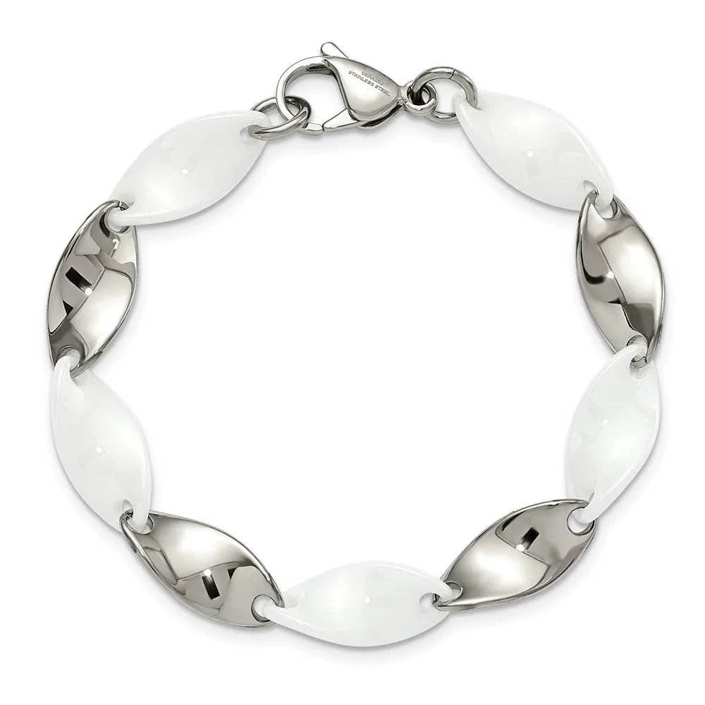 9.5mm Stainless Steel & White Ceramic Twisted Link Bracelet, 7.75 Inch