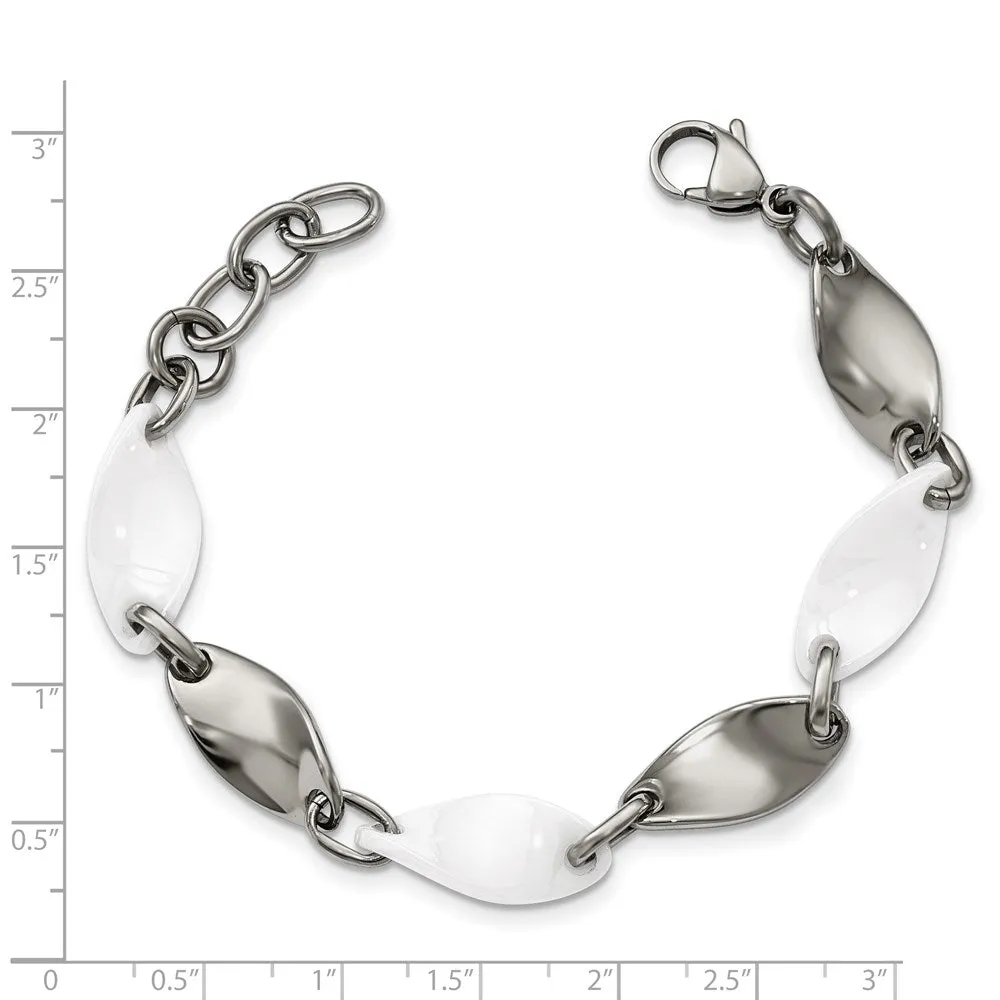 9.5mm Stainless Steel & White Ceramic Twisted Link Bracelet, 7.75 Inch