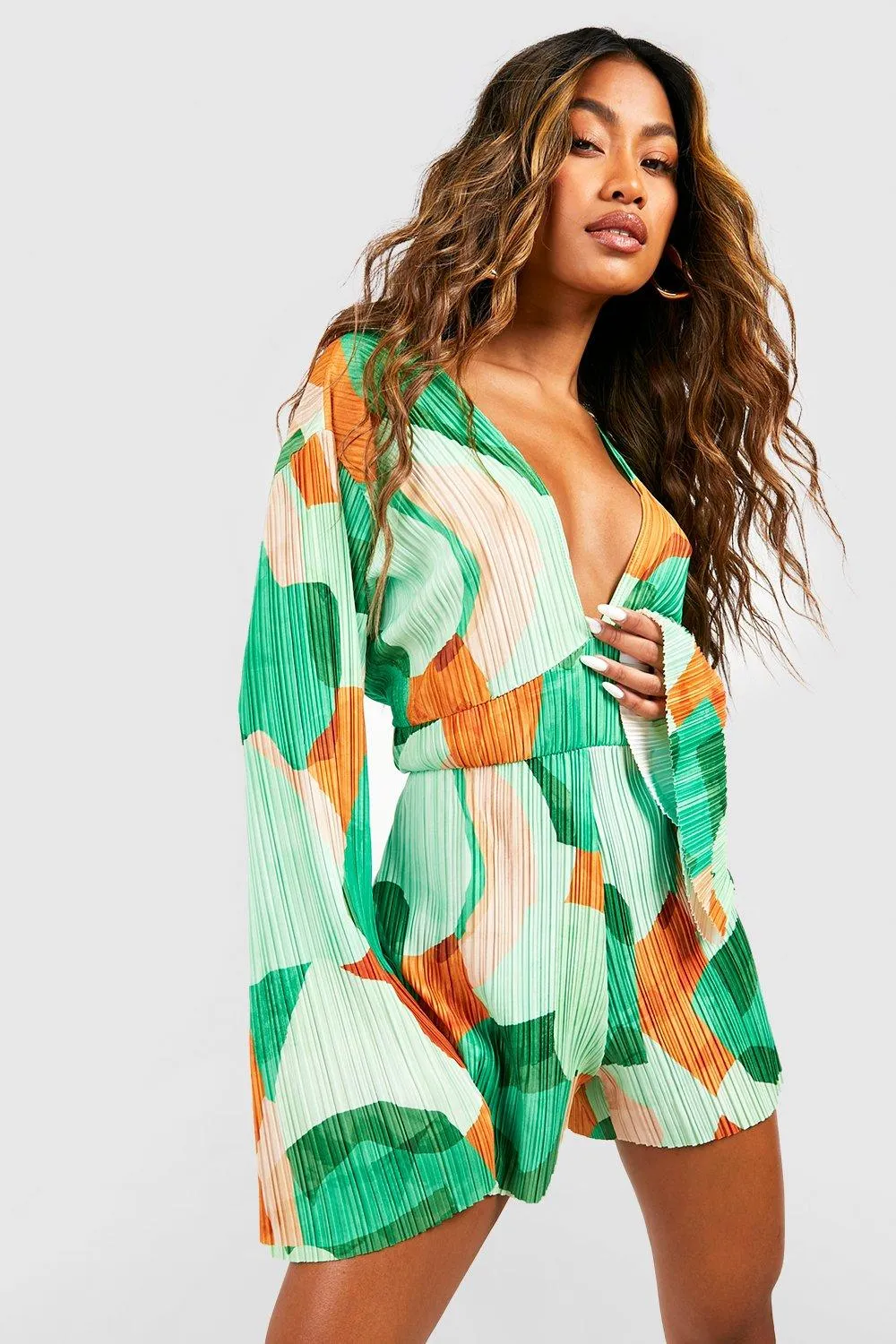 Abstract Plisse Flare Sleeve Romper