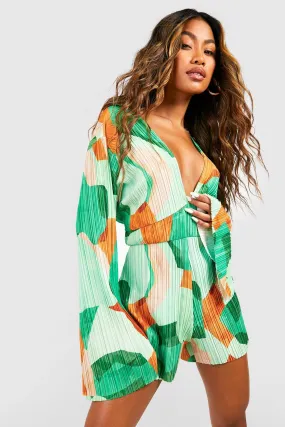 Abstract Plisse Flare Sleeve Romper