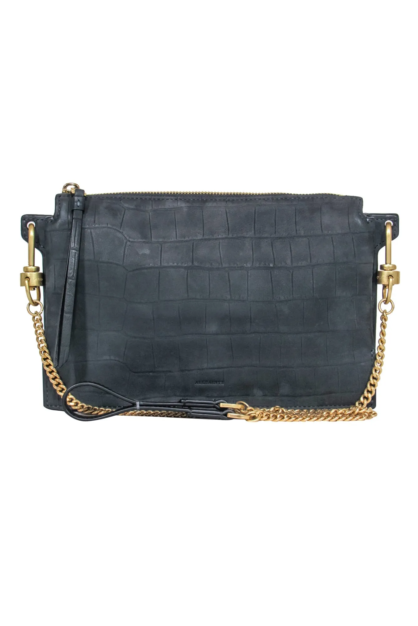 All Saints – Matte Grey Croc-Embossed Calfskin Crossbody Bag