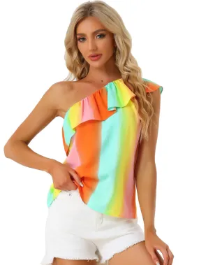 Allegra K - Sleeveless Rainbow One Shoulder Ruffle Top