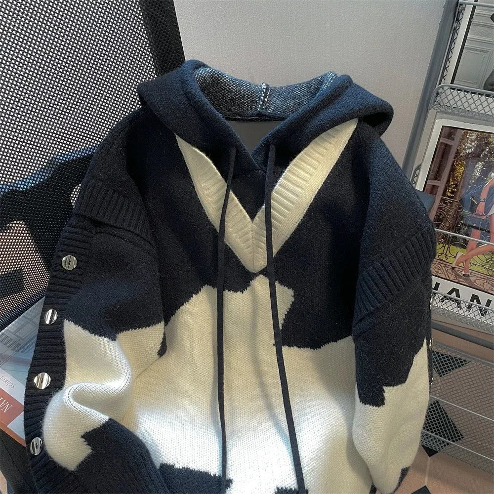 American high street retro fake two-piece contrast color knitted sweater men and women trendy brand high-end cool thickened hood