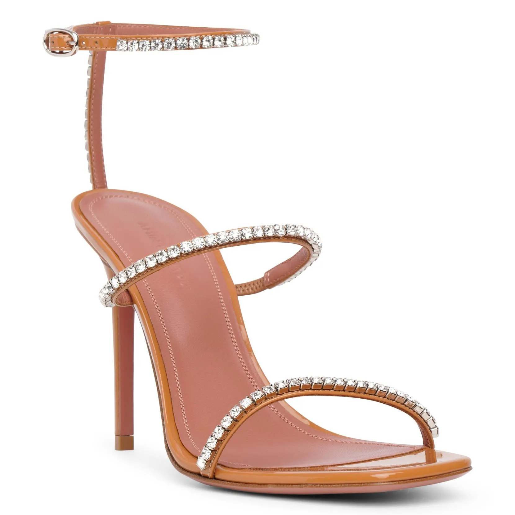 Amina Muaddi Gilda embellished patent tan leather sandals