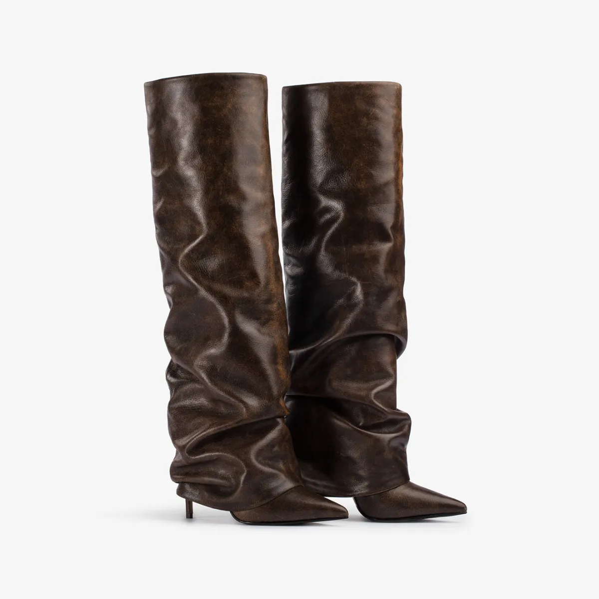 ANDY BOOT 120 mm Brown vintage effect leather cuffed knee boot