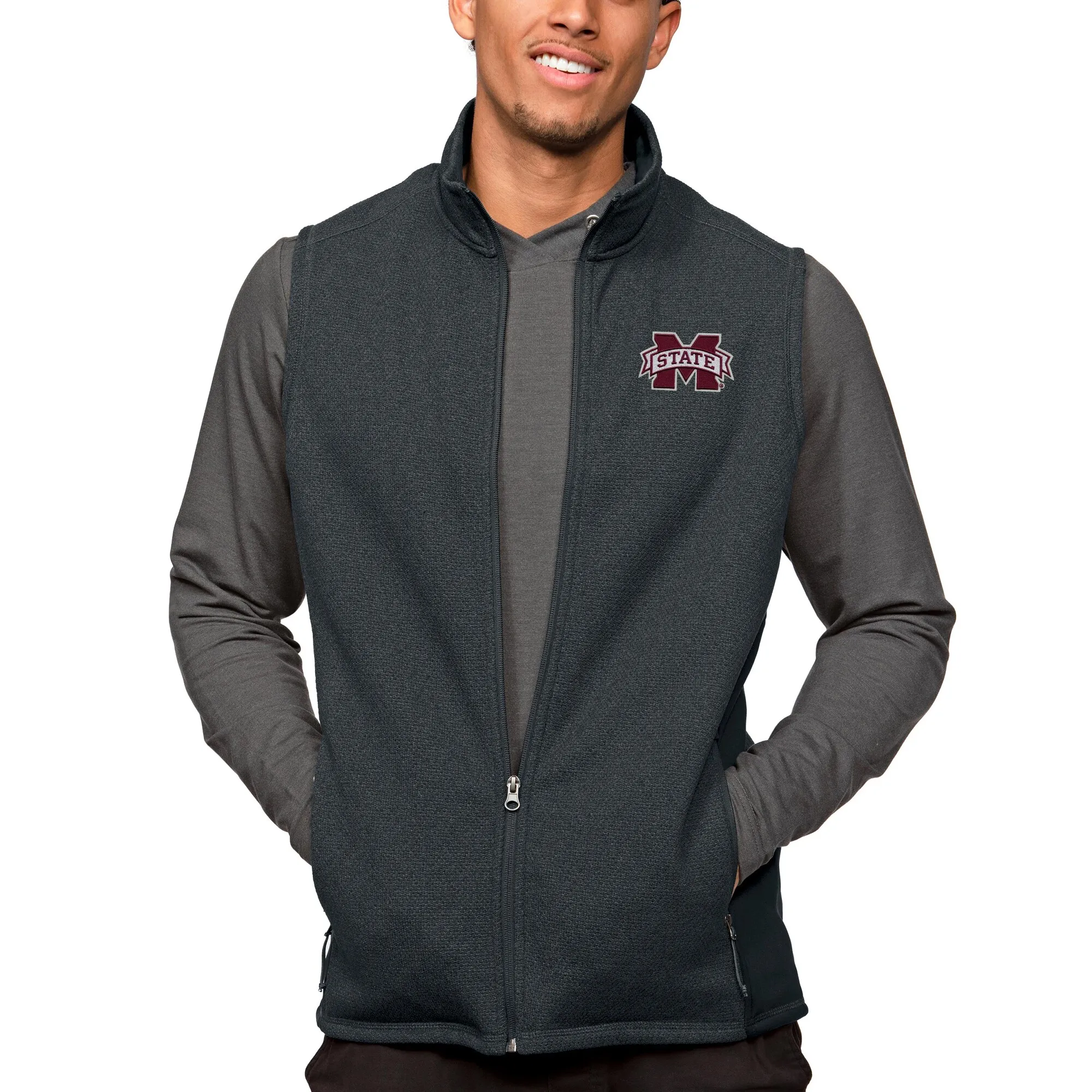 Antigua Mississippi State Bulldogs Heather Charcoal Course Full-Zip Vest