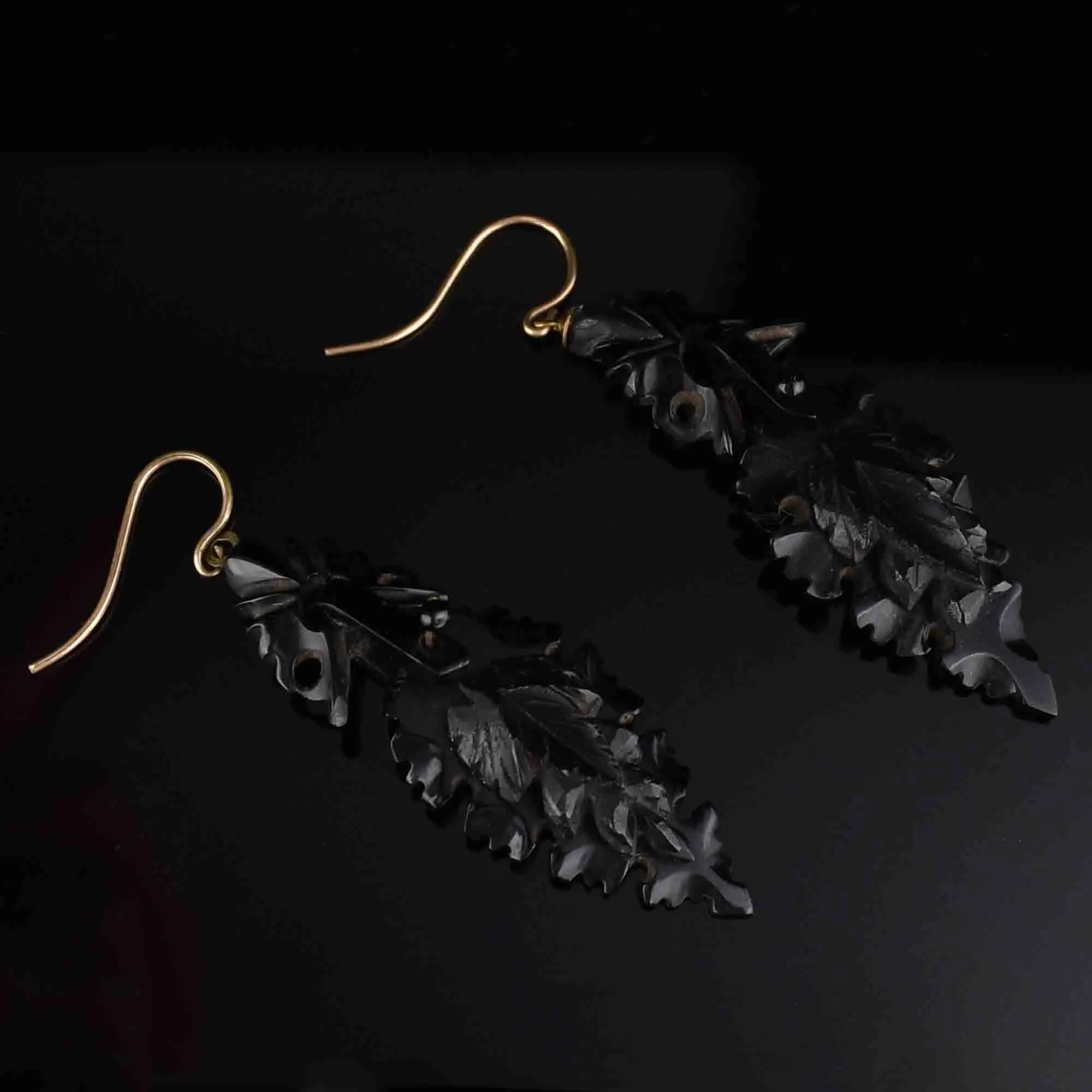 Antique Victorian Carved Whitby Jet Dangle Earrings