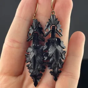 Antique Victorian Carved Whitby Jet Dangle Earrings