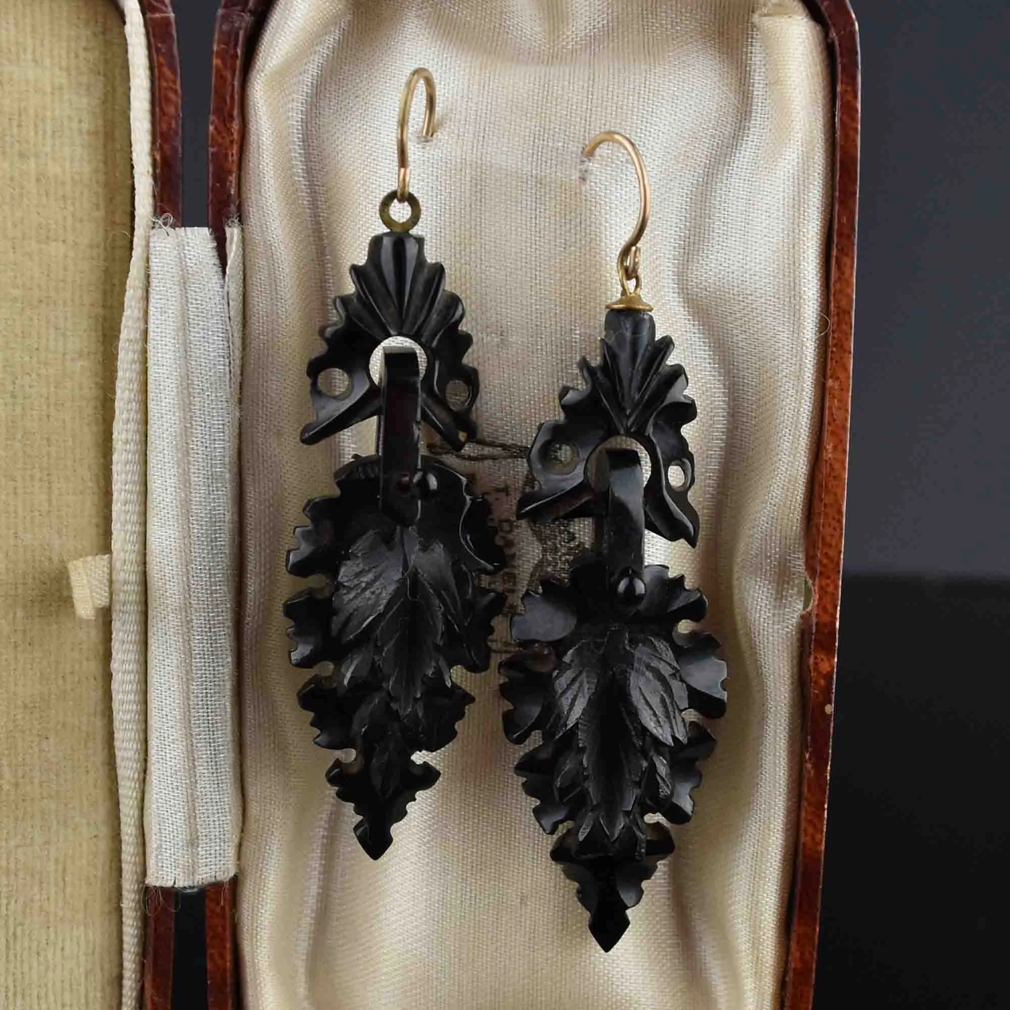 Antique Victorian Carved Whitby Jet Dangle Earrings