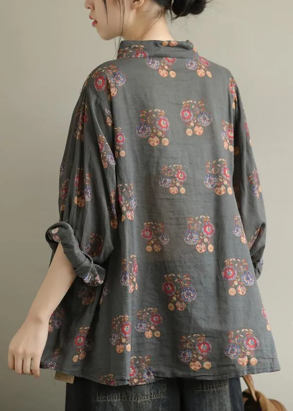 Art black flower tunic pattern lapel baggy fall top