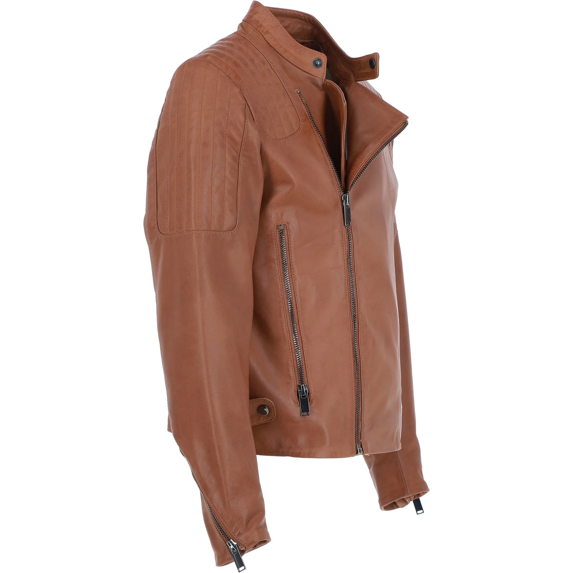 Ashwood Leather Vegetable Tanned Side Zip Biker Jacket - Tan: AWM-1716