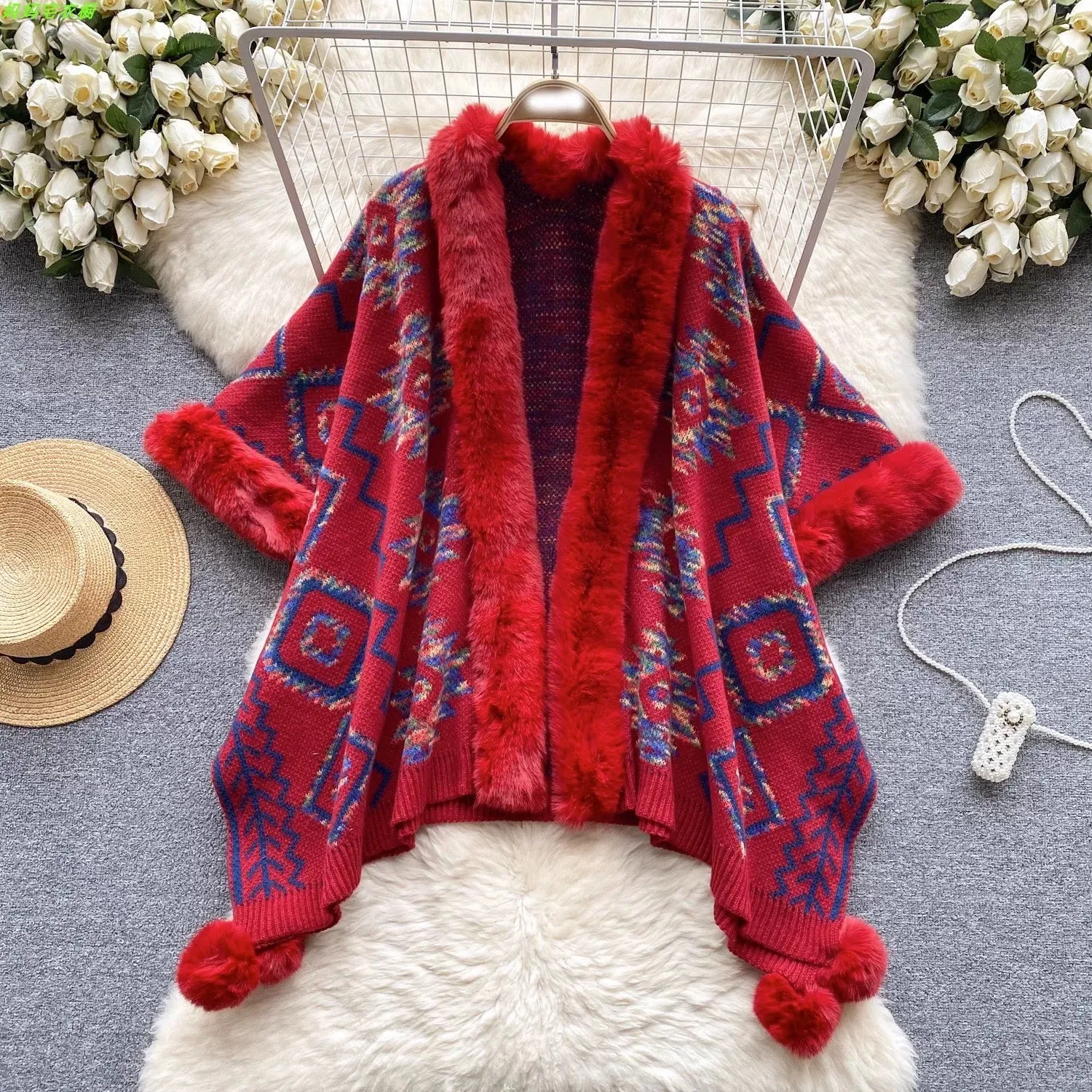 Autumn and winter shawl thickened warm cashmere versatile knitted cardigan cape bat-style fur collar jacquard cape