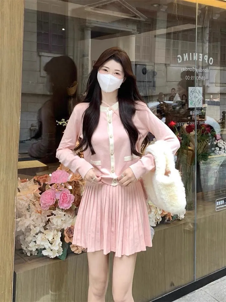 Autumn wear a complete set of pink milk sweater cardigan pleated skirt suit female niche gentle temperament two-piece set