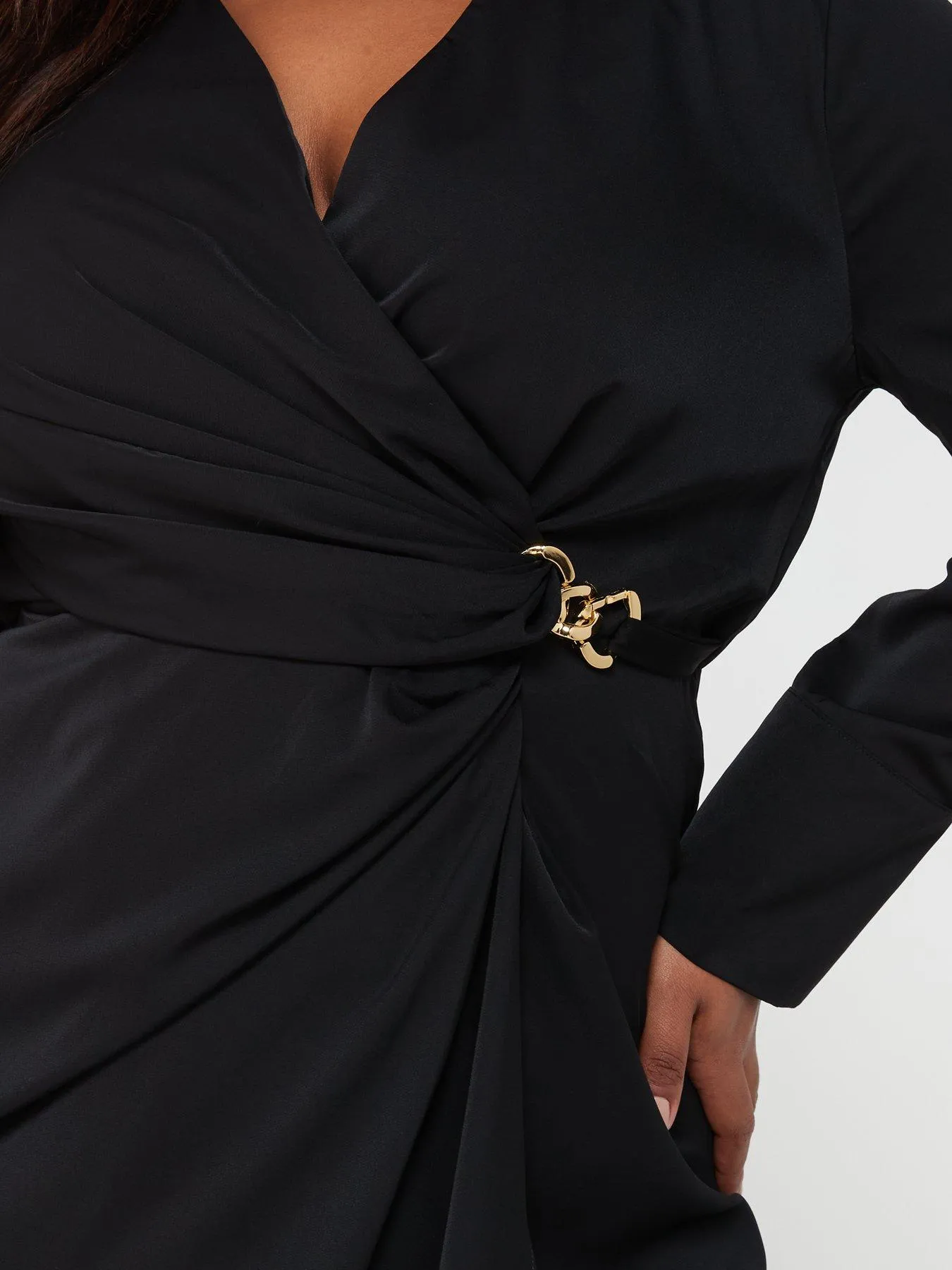 AX PARIS CURVE Black Wrap Gold Buckle Midi Dress