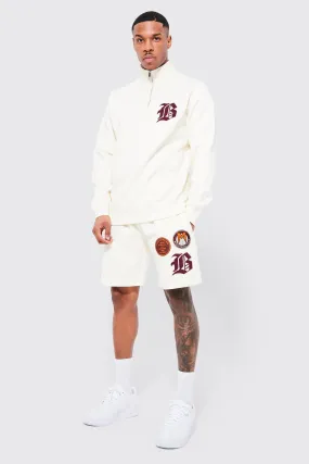 B Applique Funnel Neck Short Tracksuit | boohooMAN UK