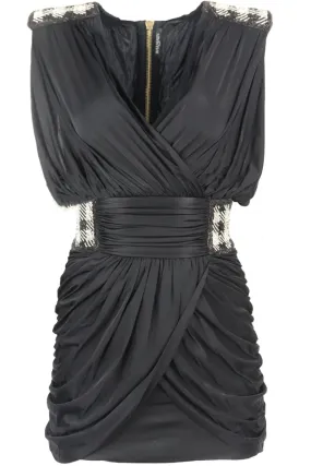 BALMAIN CRYSTAL EMBELLISHED RUCHED WRAP EFFECT JERSEY MINI DRESS FR 36 UK 8