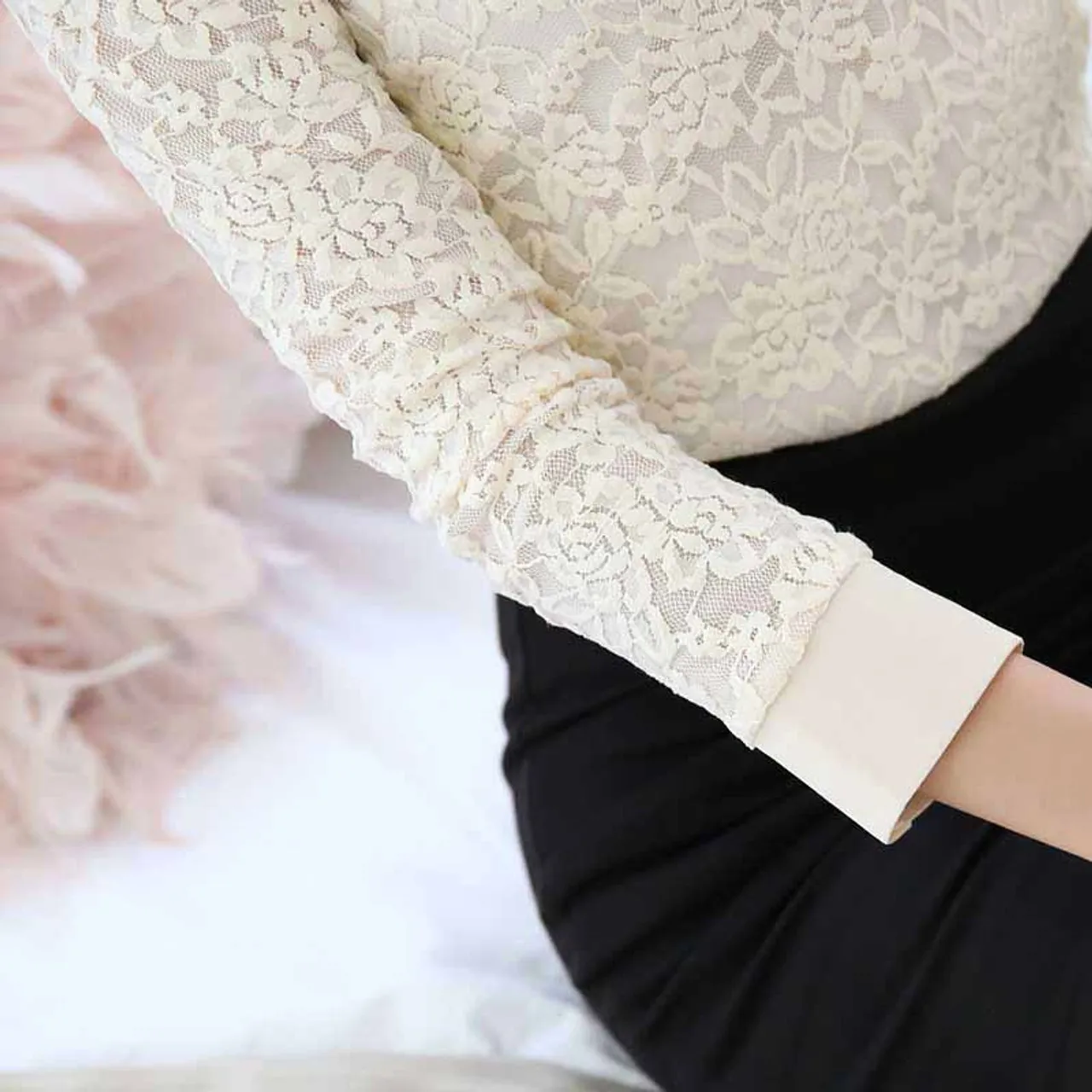 Beige floral lace hollow out long sleeve pullover shirt