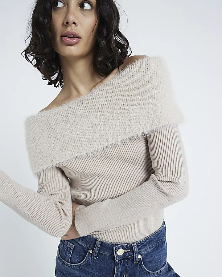 Beige Fluffy Bardot Jumper
