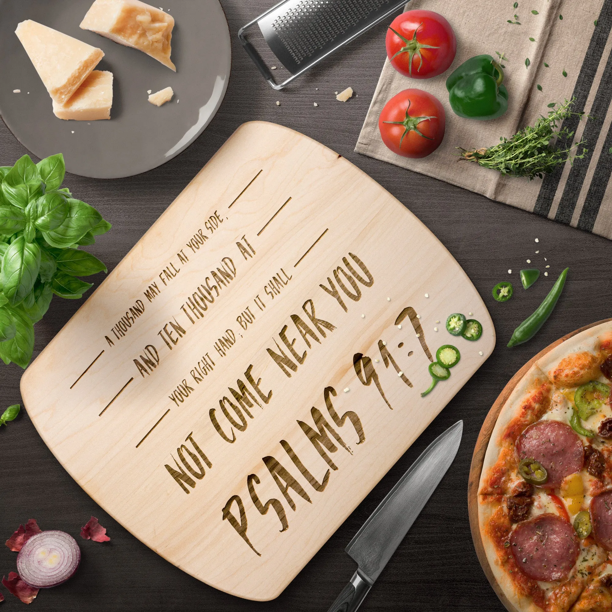 Bible Verse Hardwood Oval Cutting Board - It Shall Not Come Near You ~Psalm 91:7~ Design 6