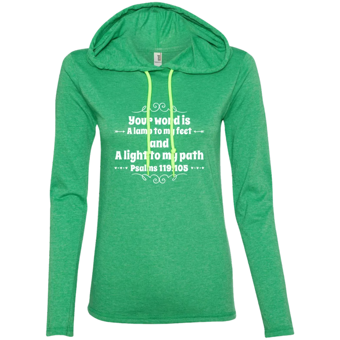 Bible Verse Ladies' Long Sleeve T-Shirt Hoodie - Your Word Is Light To My Path ~Psalm 119:105~ Design 1 (White Font)
