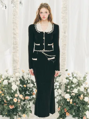 Bicolor Lib Knitted Cardigan & Hip-hugging Skirt