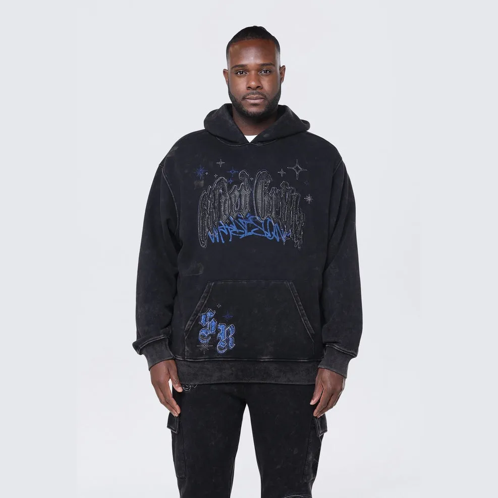 Big and Tall - Dropped Shoulder Rhinestone Dystopia Hoodie - Black