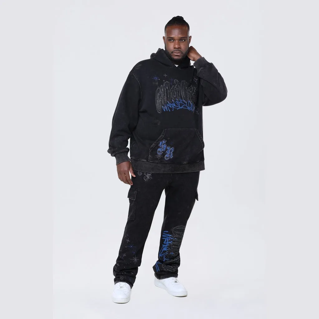 Big and Tall - Dropped Shoulder Rhinestone Dystopia Hoodie - Black