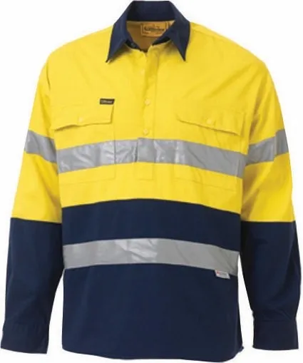 Bisley Workwear BTC6456 Long Sleeve Shirt - Cotton - Closed Front - Reflective Tape - Yellow/Navy - S