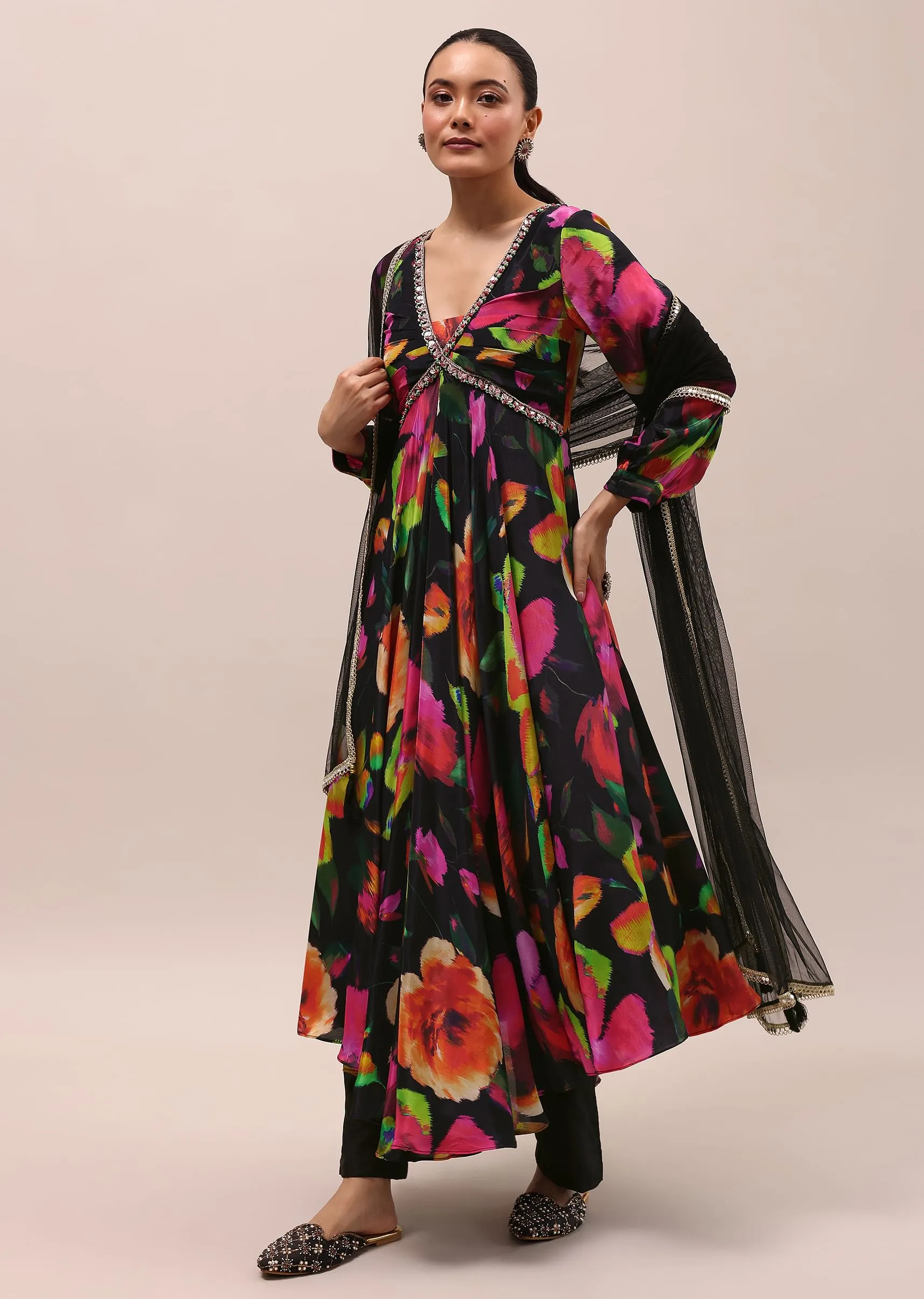 Black Embroidered Silk Kurta Set With Dupatta