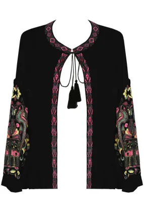 Black Embroidered Tie Front Tunic Top