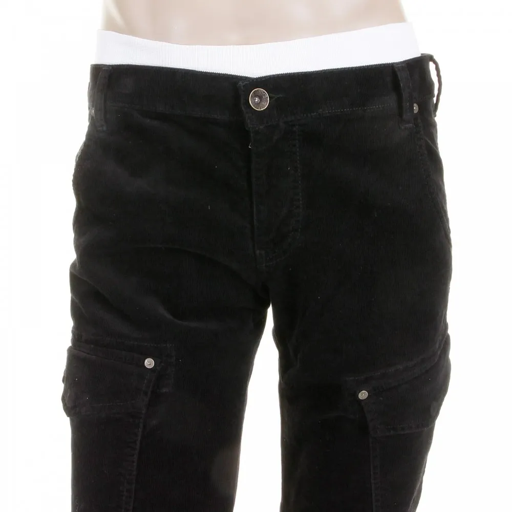 Black Fine Cord Stretch Cotton Regular Fit Low Waist Straight Leg Jeans