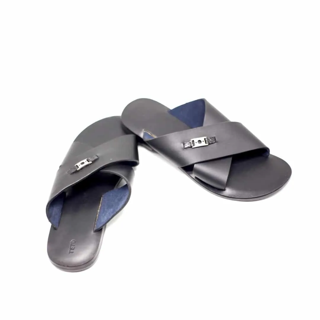 Black Leather Cross Slide Sandals - African Clothing Store | JT Aphrique