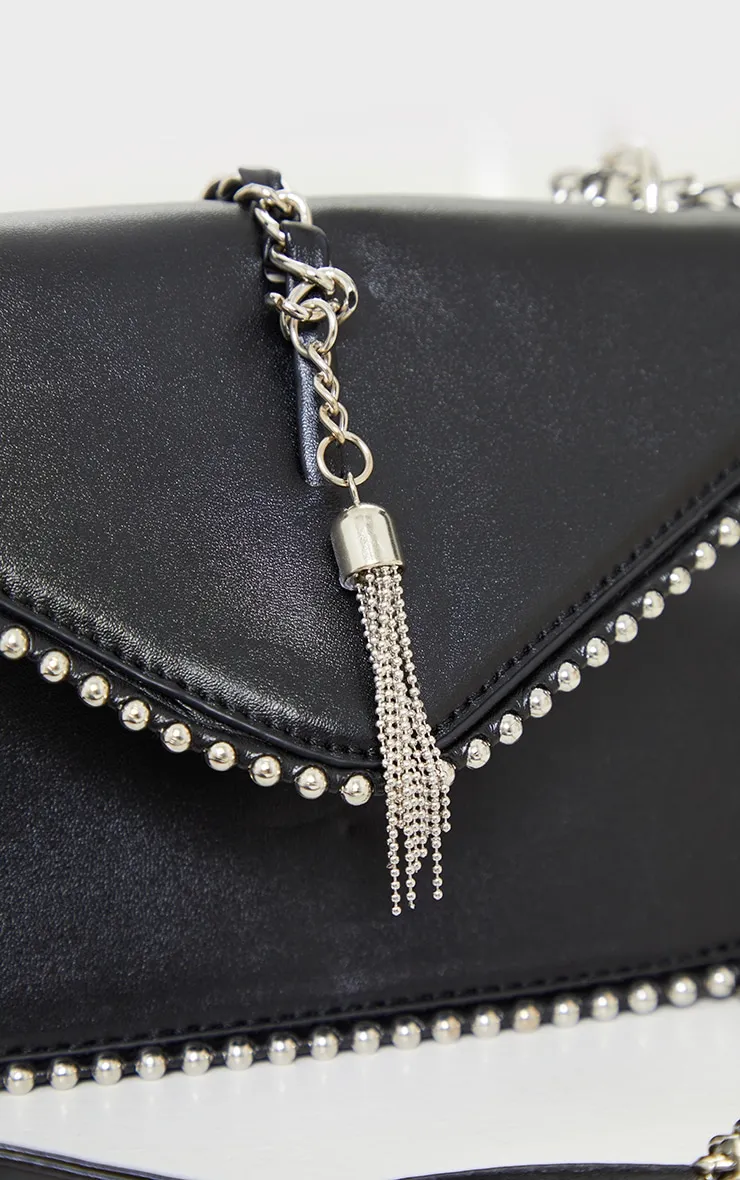 Black Pu Chain And Tassel Trim Cross Body Bag