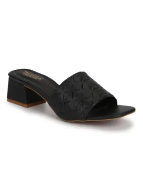 Black PU Textured Block Heel Mules