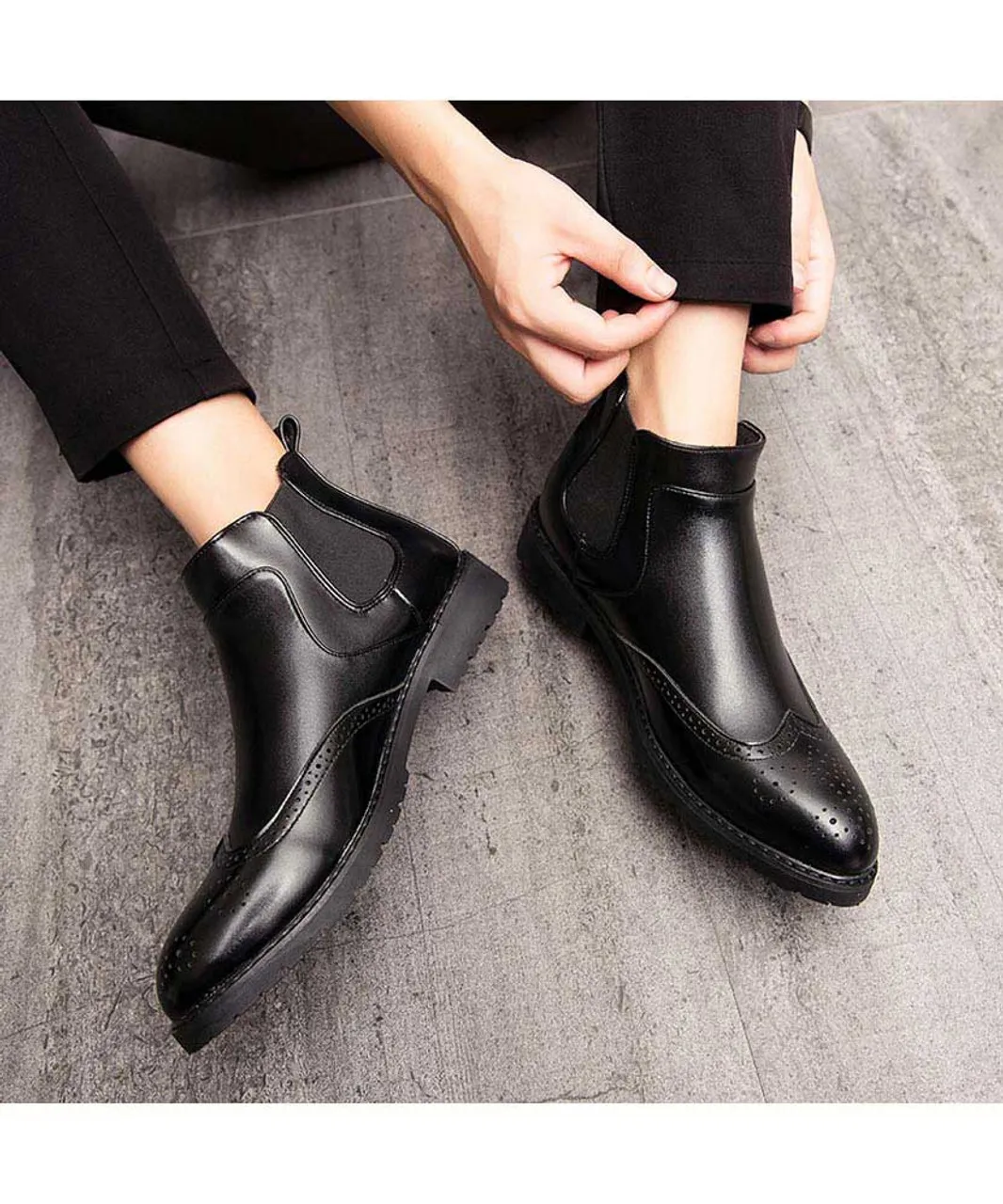 Black retro brogue slip on dress shoe boot 2039