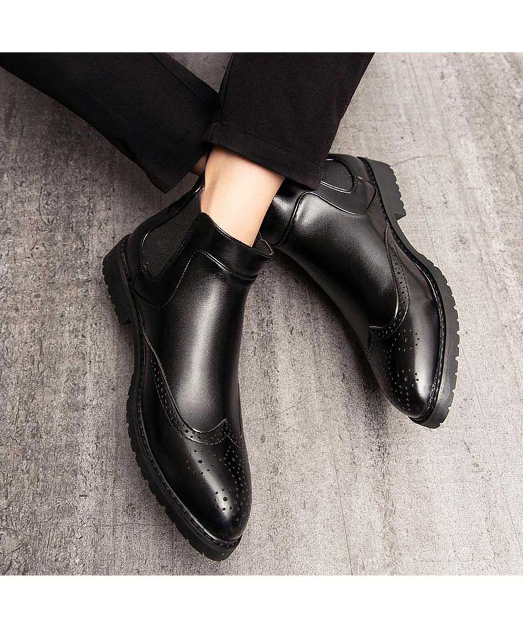 Black retro brogue slip on dress shoe boot 2039